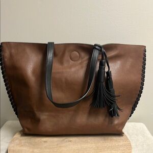 Luxurious Brown and Black Leather Tote with Tassel